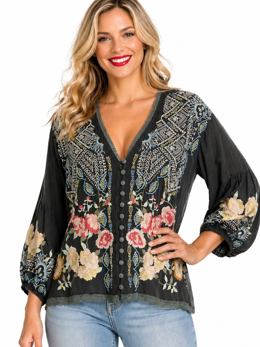 Johnny Was extremely heavily embroidered  Castana blouse NWT